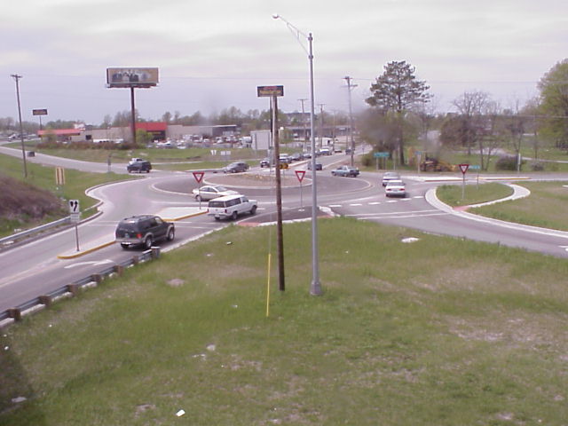 Traffic entering this roundabout in suburban Columbia, MO yields to traffic within the roundabout.